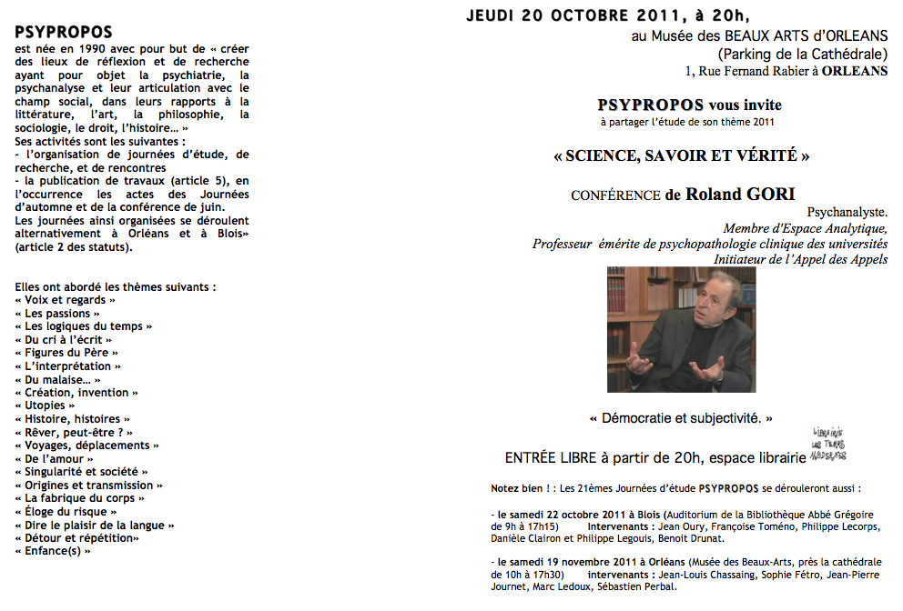 >Psypropos : science, savoir et vérité (Orléans, le jeudi 20 octobre à 20h)